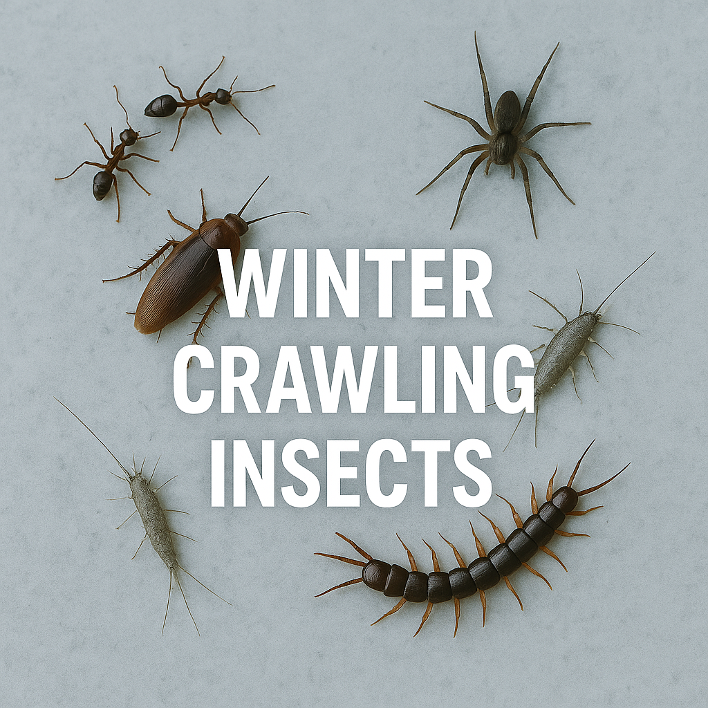 A winter crawling insect banner showing cockroach, ants, spider, silverfish, earwig, and centipede used for Schtager Canada pest control blog
